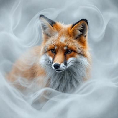 The primary subject of the image is a red fox with a white face, sitting in a foggy environment. The setting appears to be a forest, as the fox is surrounded by trees. The visual style of the image is a photo, capturing the natural beauty of the fox in its habitat. The colors in the image are predominantly shades of gray and red, creating a moody and atmospheric scene.